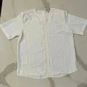 Vintage KB Lawrence White Polyester BackButton Blouse Lace Trim Detail Womens 14